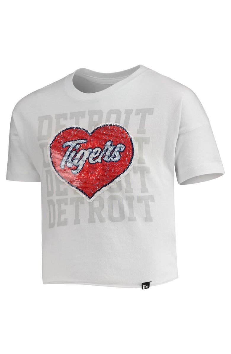 New Era Girls Youth New Era White Detroit Tigers Flip Sequin Heart Crop Top, Alternate, color, 