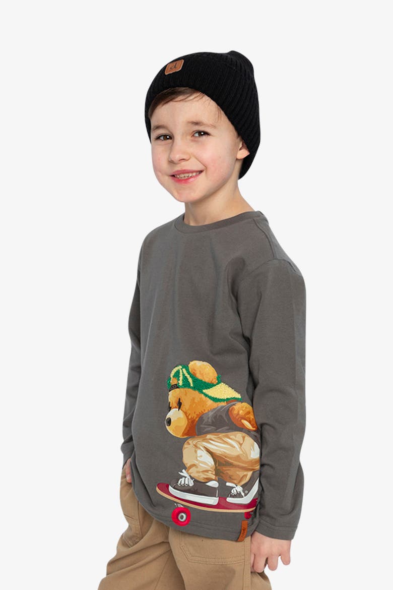 Organic Cotton Crew Neck Skate Bear Long Sleeve T-Shirt, Alternate, color, Dark Grey