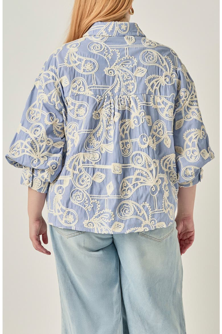 Embroidered Striped Volume Sleeve Shirt, Alternate, color, BLUE/ CREAM