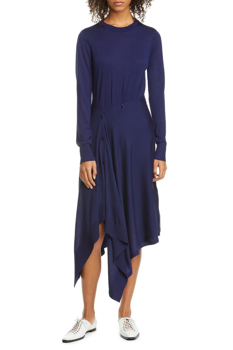 Button Front Long Sleeve Merino Wool Sweater Dress, Main, color, MARINE NAVY