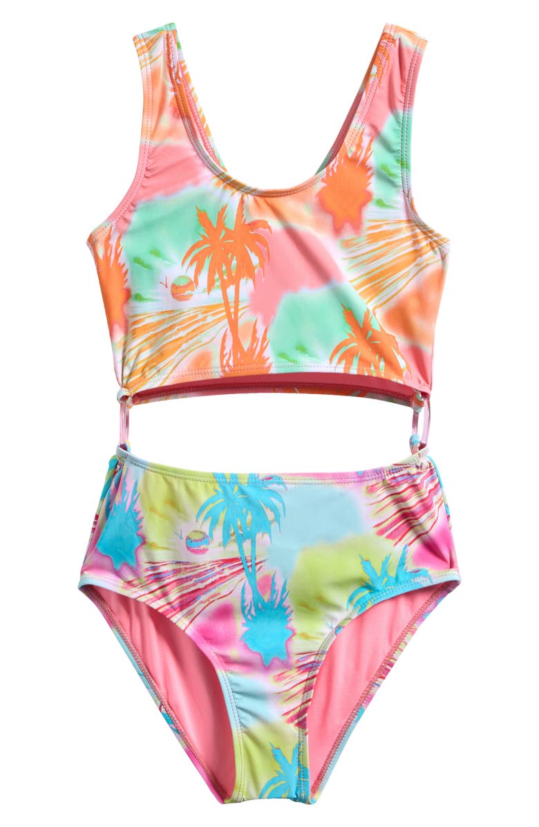 Beach Lingo Kids' Solar Eclipse Cutout One-Piece Swimsuit, Main, color, Pastel Multi
