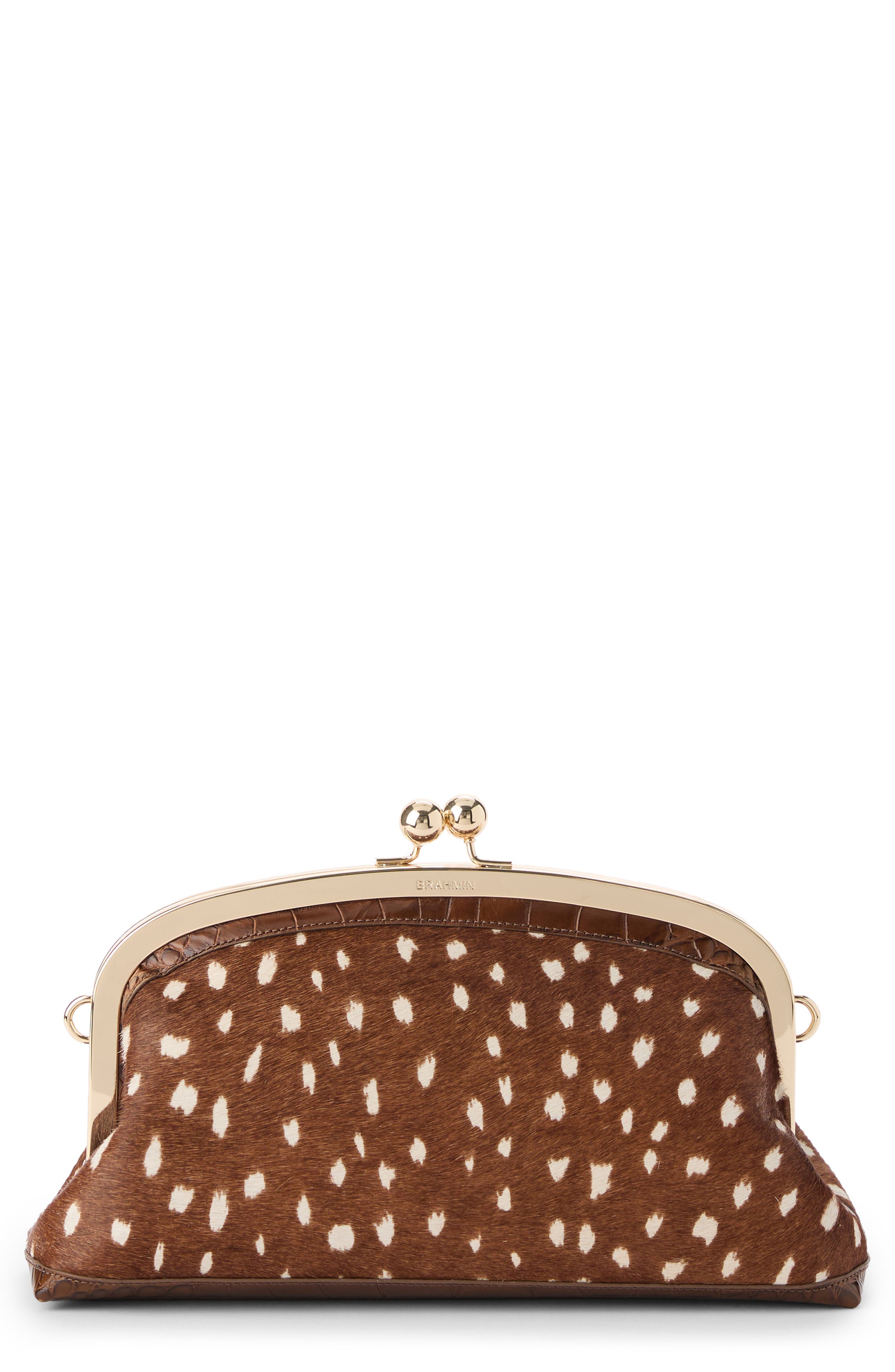 Cinnamon Wilds Christine Embossed Genuine Calf Hair Clutch, Main, color, CINNAMON