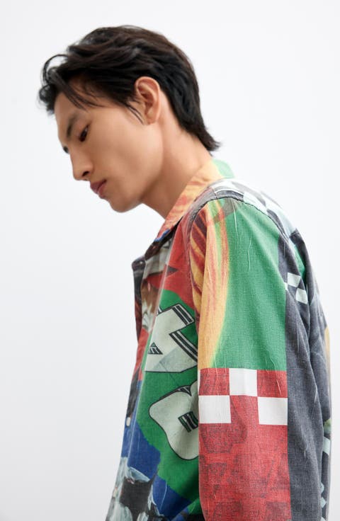 Collage Print Long Sleeve Button-Up Shirt