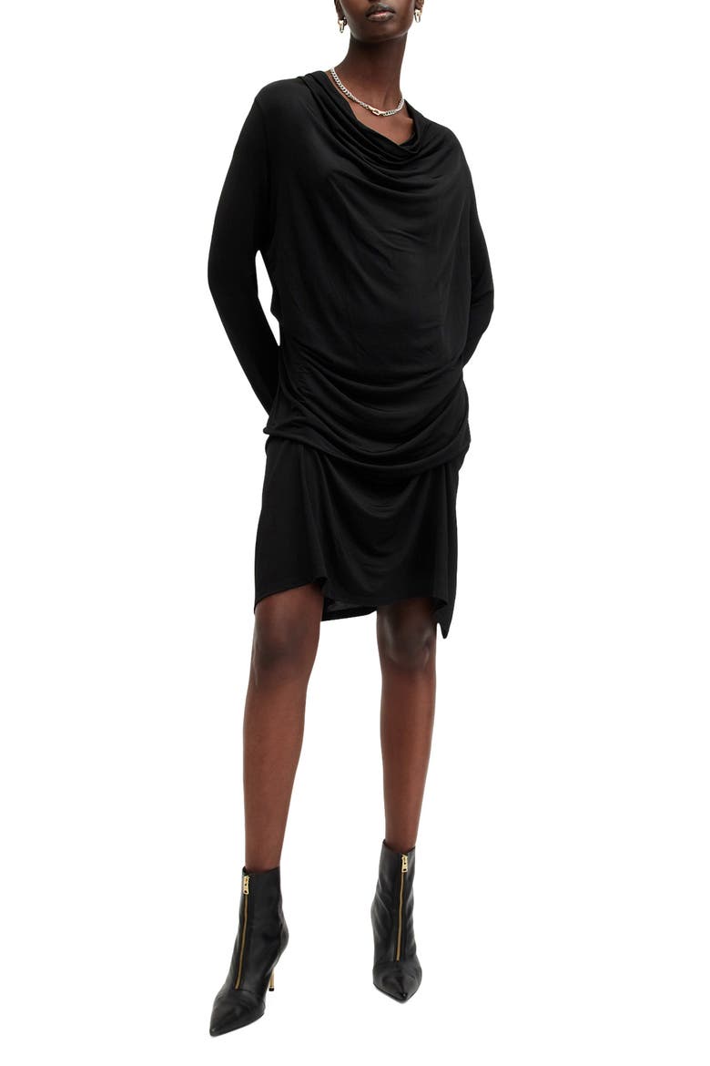 Amei Draped Long Sleeve Minidress, Main, color, BLACK