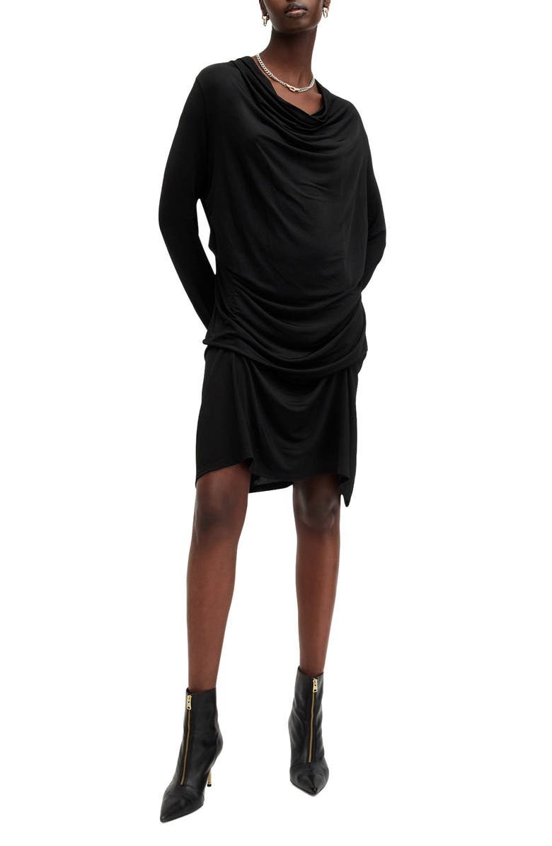 AllSaints Amei Draped Long Sleeve Minidress, Main, color, Black