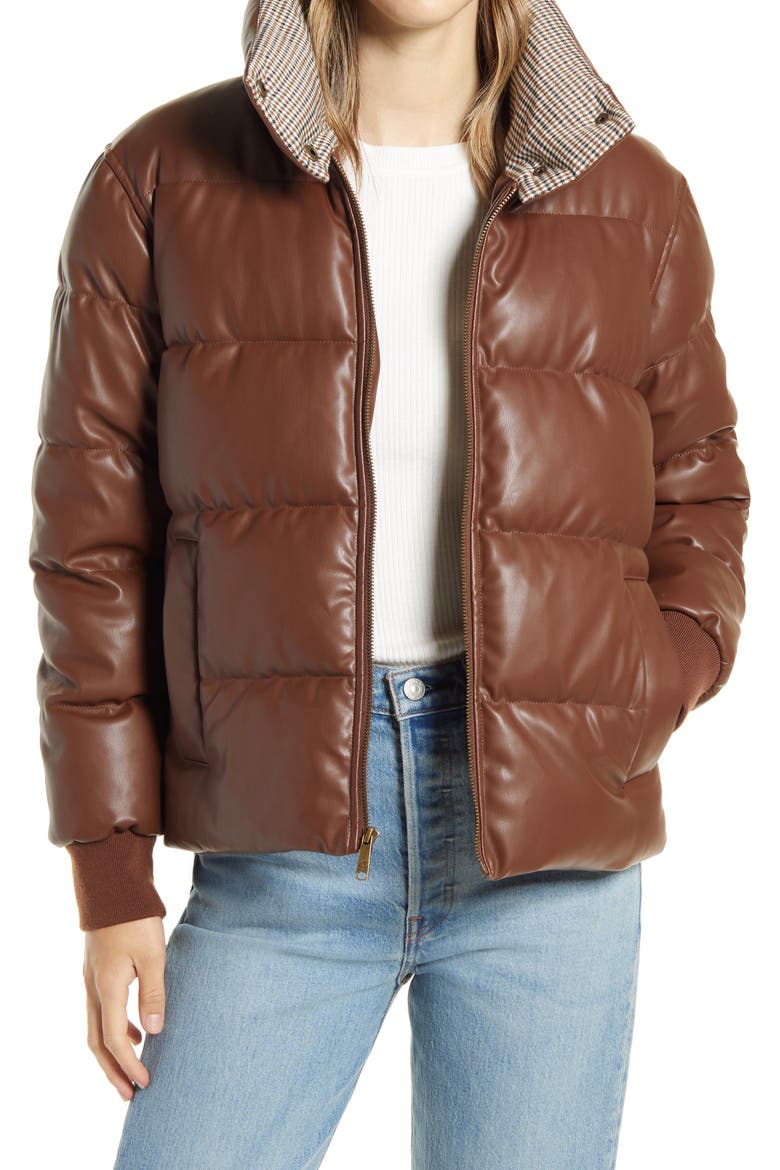 Faux Leather Puffer Jacket, Main, color, BROWN