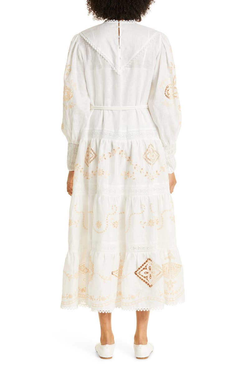 Cecilia Embroidered Tiered Linen Dress, Alternate, color, IVORY
