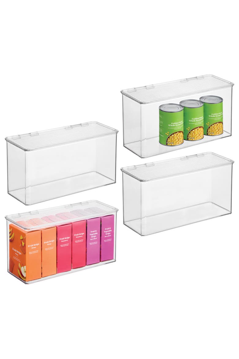 Plastic Stackable Hinged-Lid Pantry or Kitchen Storage Box - Set of 4 - Clear, Main, color, Clear