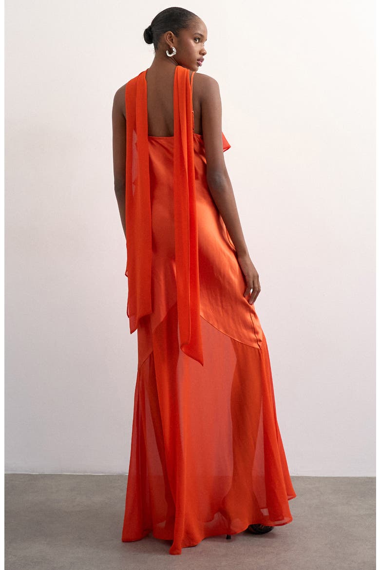 Satin & Chiffon Ruffle Maxi Slipdress, Alternate, color, ORANGE