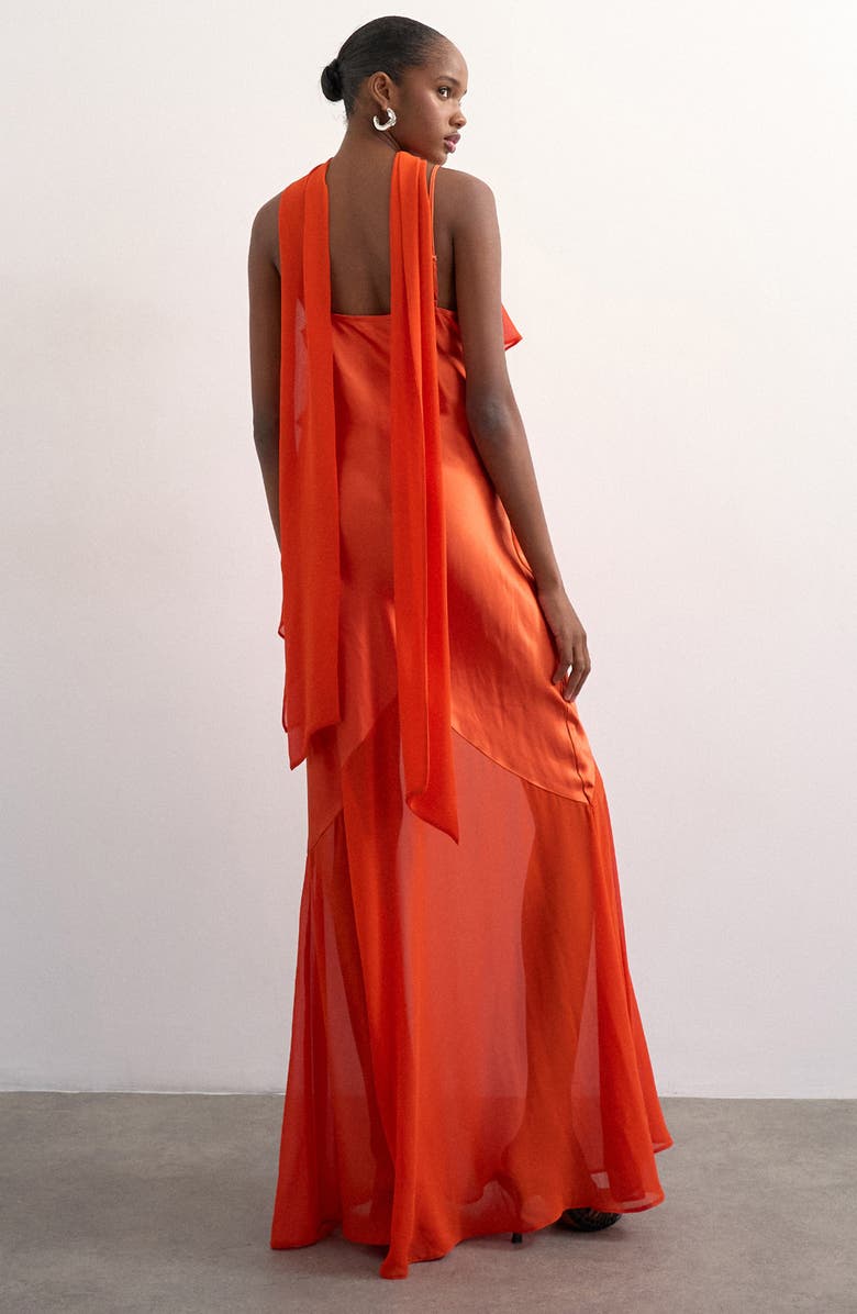 Topshop Satin & Chiffon Ruffle Maxi Slipdress, Alternate, color, Orange