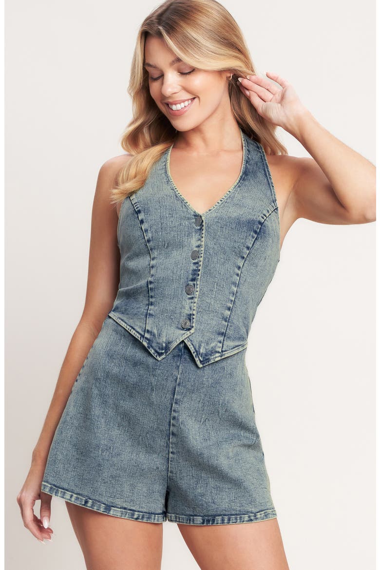 Plunge Neck Halter Denim Romper, Alternate, color, DENIM ACID