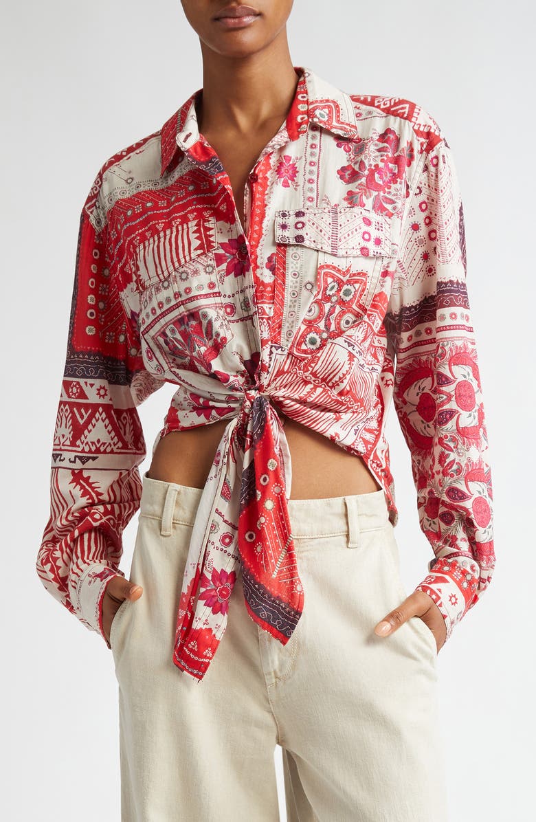 Isabel Marant Étoile Nathy Bandana Print Cotton Tie Front Button-Up Shirt, Main, color, Red/ Ecru