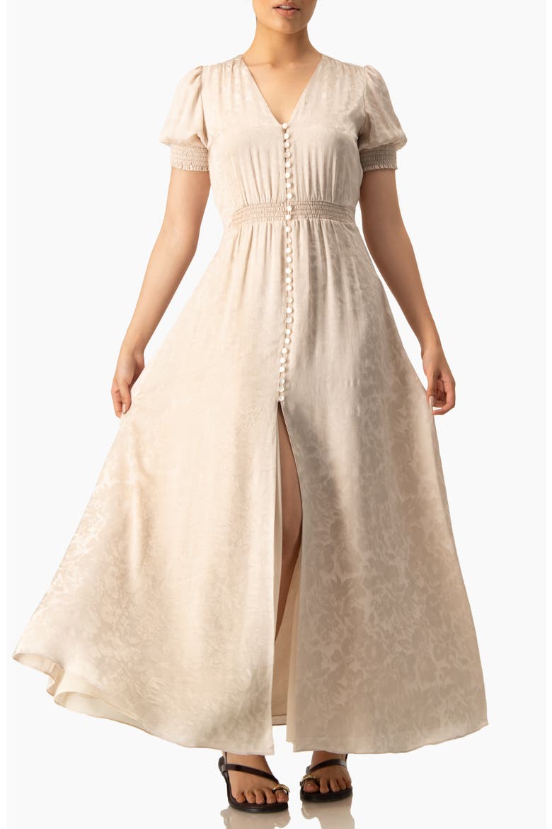 Jacquard Satin Button-Front Maxi Dress with Puff Sleeve and Smocked Waist, Alternate, color, Beige