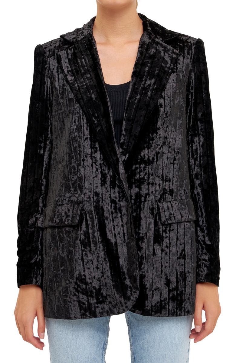 Endless Rose Pleated Crushed Velvet Blazer, Alternate, color, Black