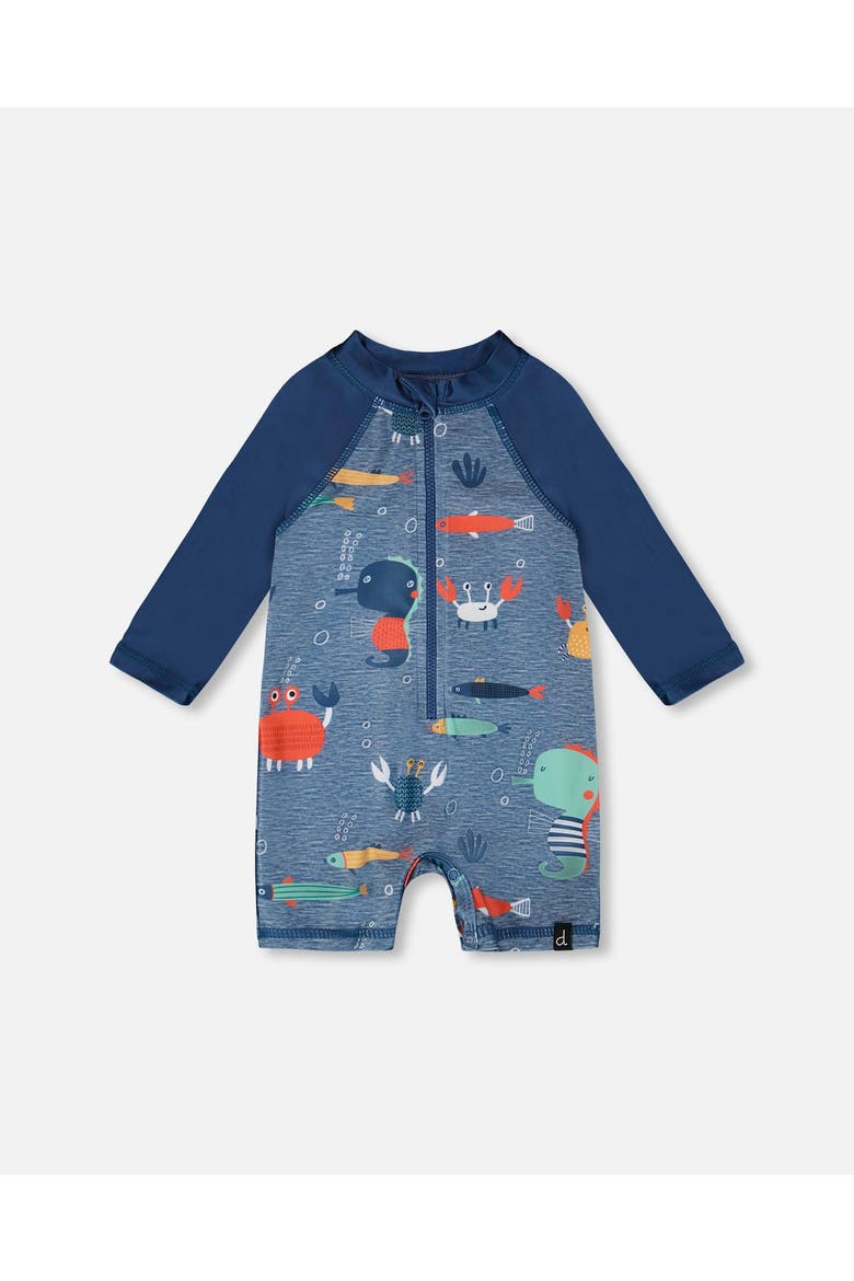 One-Piece Long Sleeve Marine Animals Rashguard, Main, color, Blue Printed Marine Animals