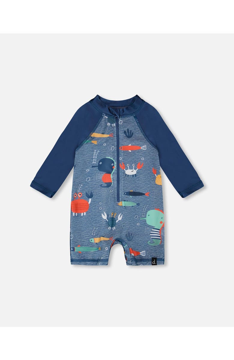 Deux par Deux One-Piece Long Sleeve Marine Animals Rashguard, Main, color, Blue Printed Marine Animals