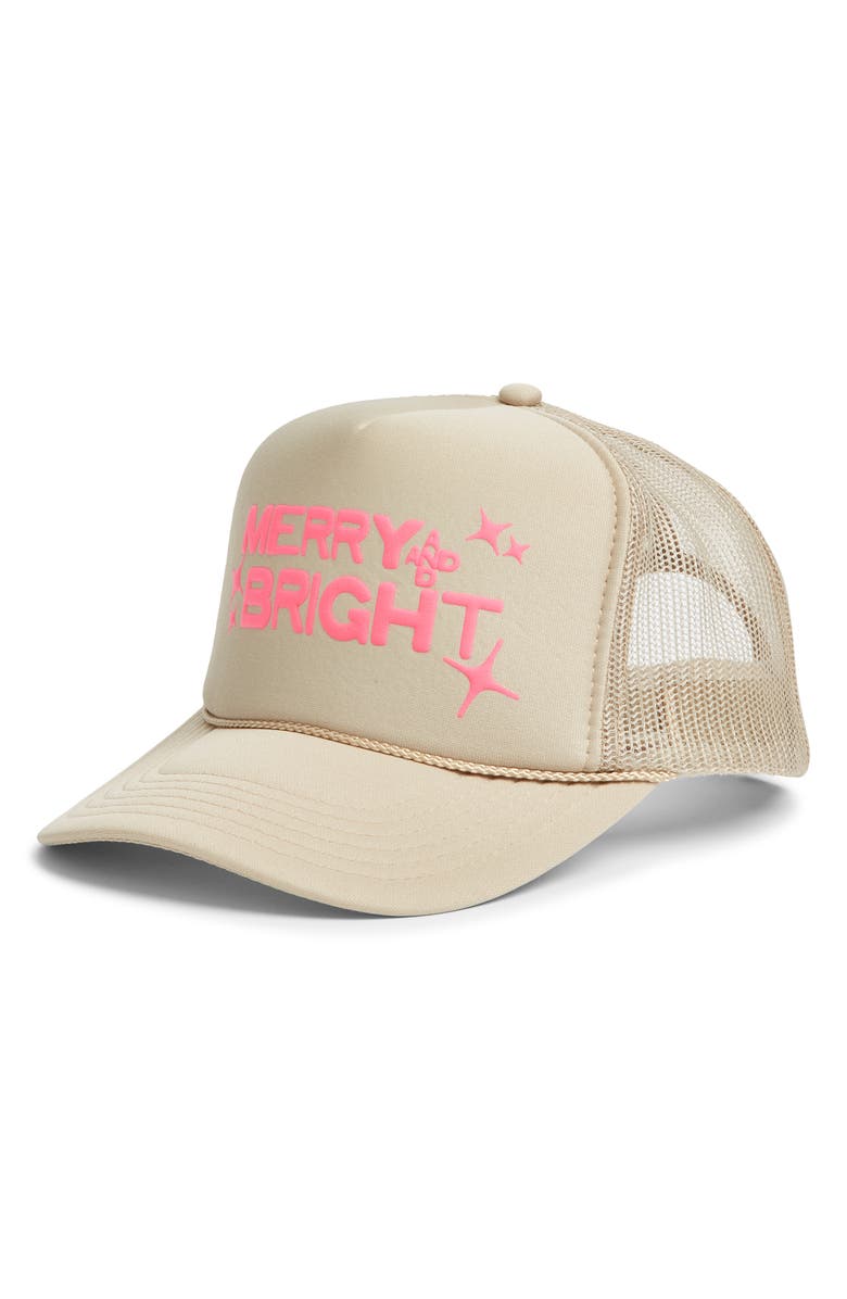 Friday Feelin’ Merry Bright Stars Trucker Hat, Main, color, Tan