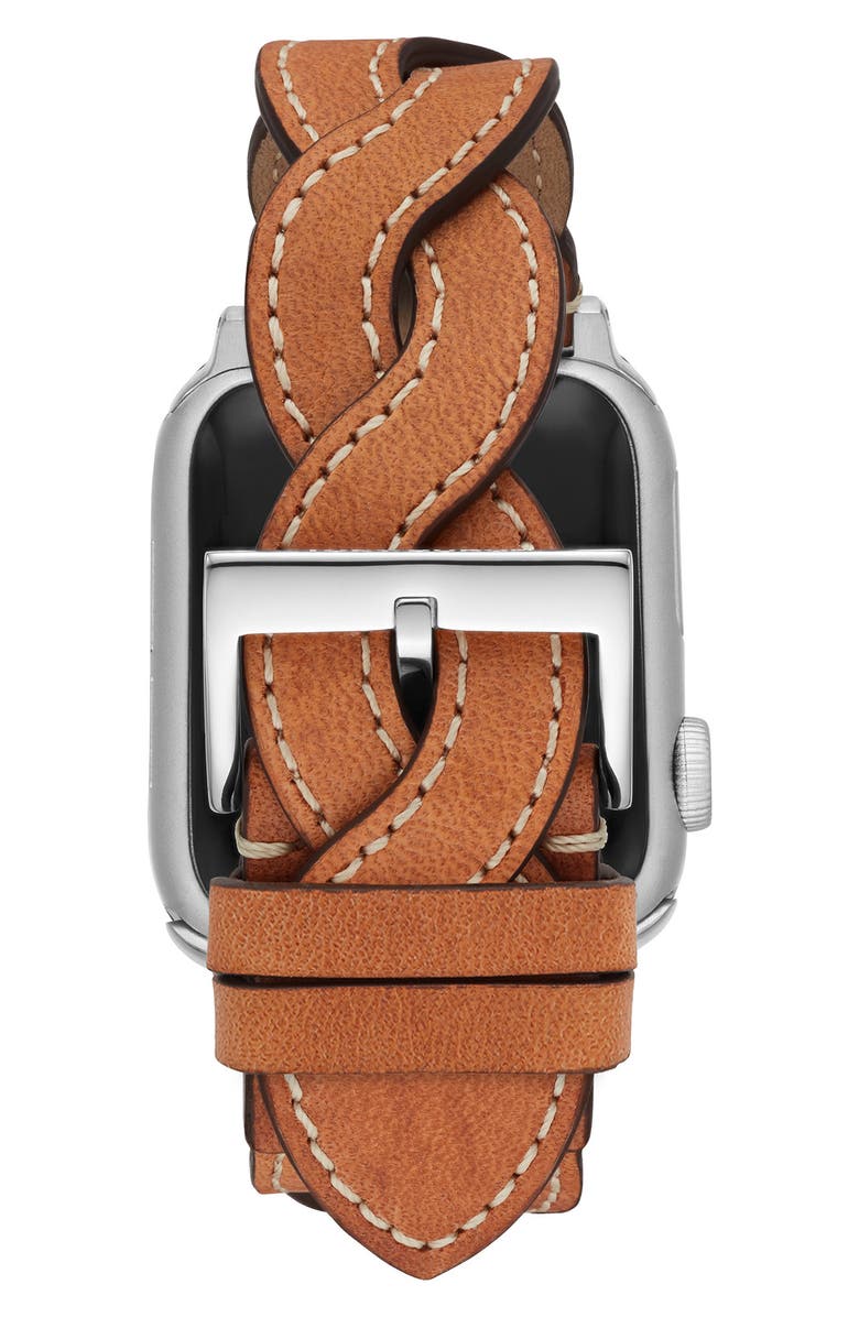 Tory Burch Braided Leather 20mm Apple Watch<sup>®</sup> Watchband, Alternate, color, Caramel