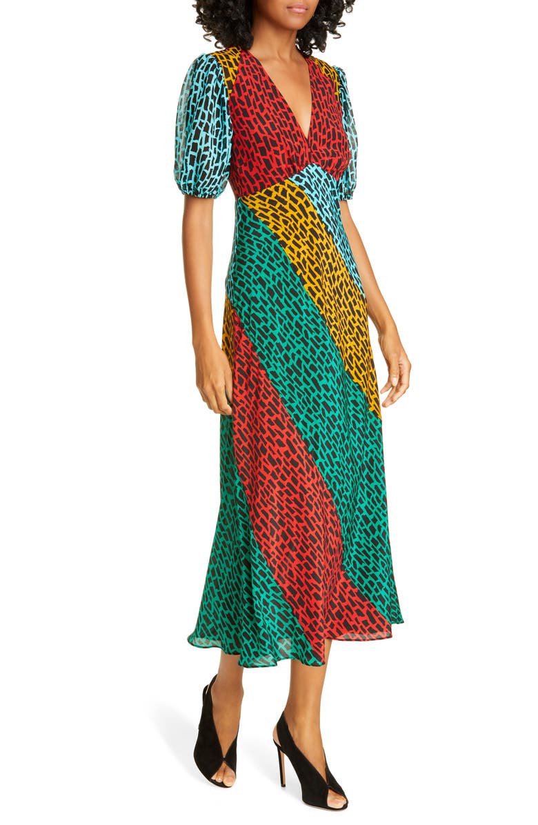 RIXO Amber Colorblock Giraffe Print Silk Blend Dress, Main, color, 