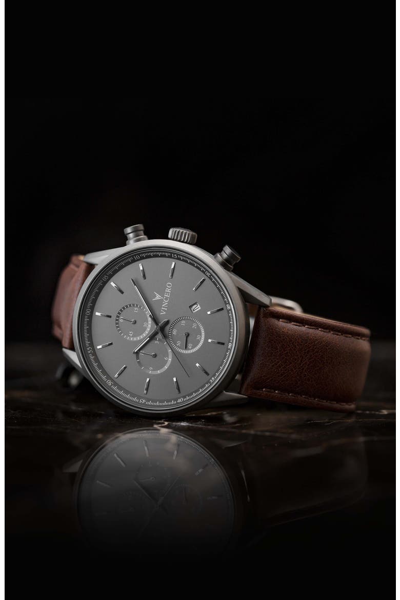 The Chrono S2 Chronograph Leather Strap Watch, 43mm, Alternate, color, GUNMETAL/WALNUT