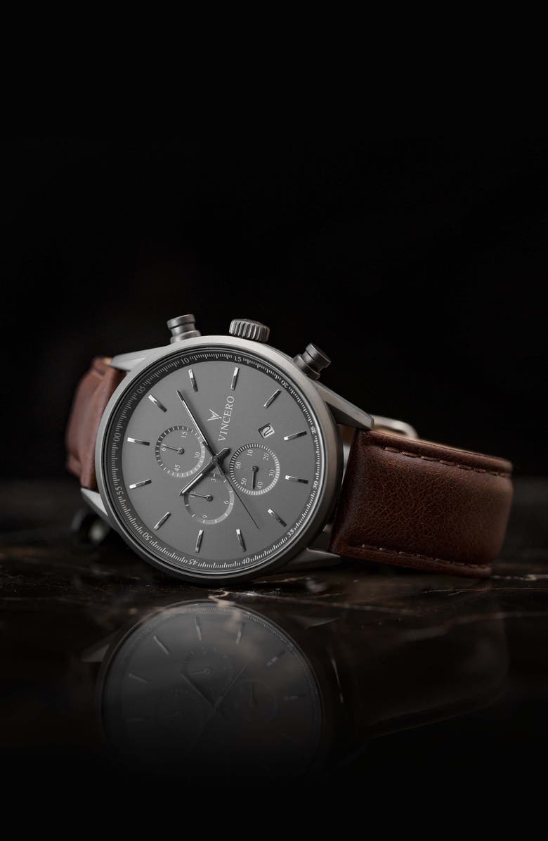 Vincero The Chrono S Chronograph Leather Strap Watch, 43mm, Alternate, color, Gunmetal/ Walnut