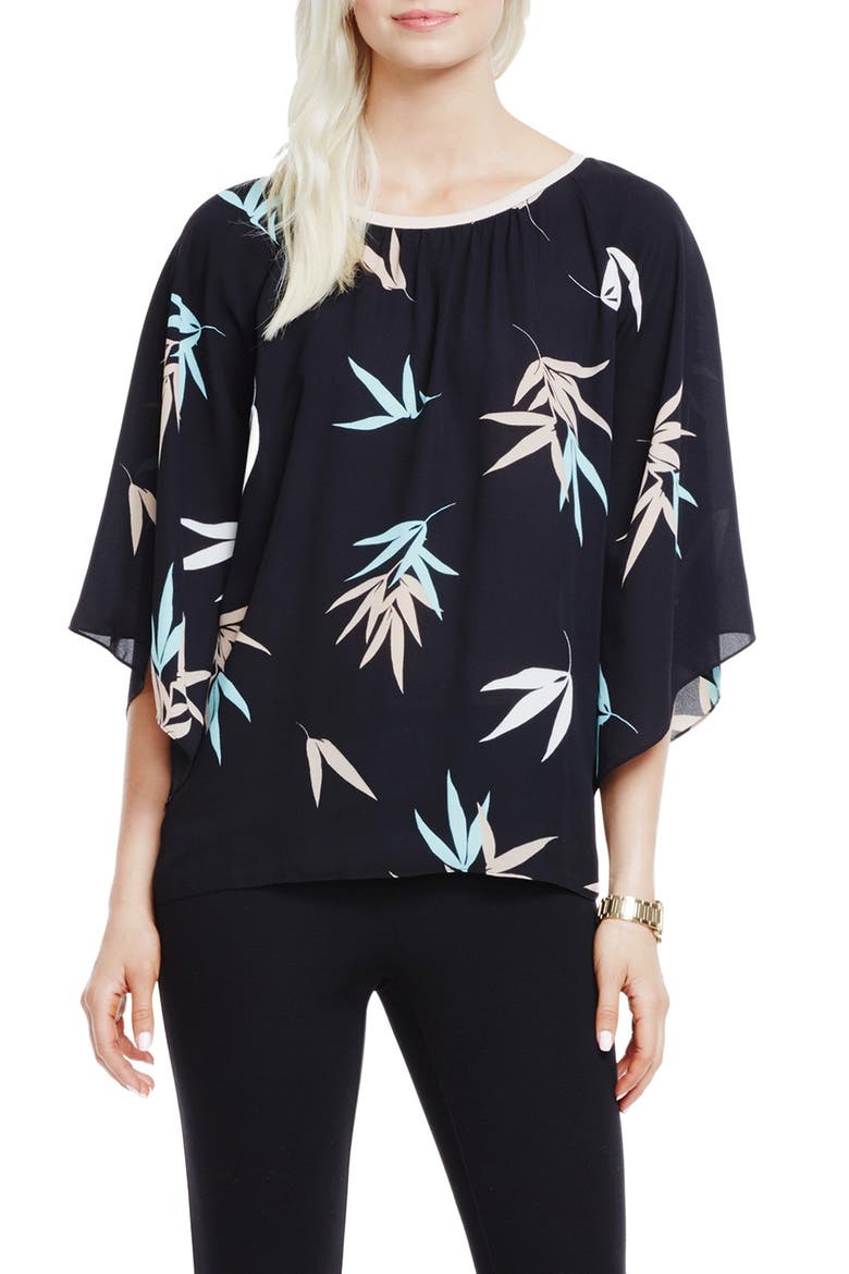 'Floating Leaves' Kimono Sleeve Blouse, Main, color, RICH BLACK