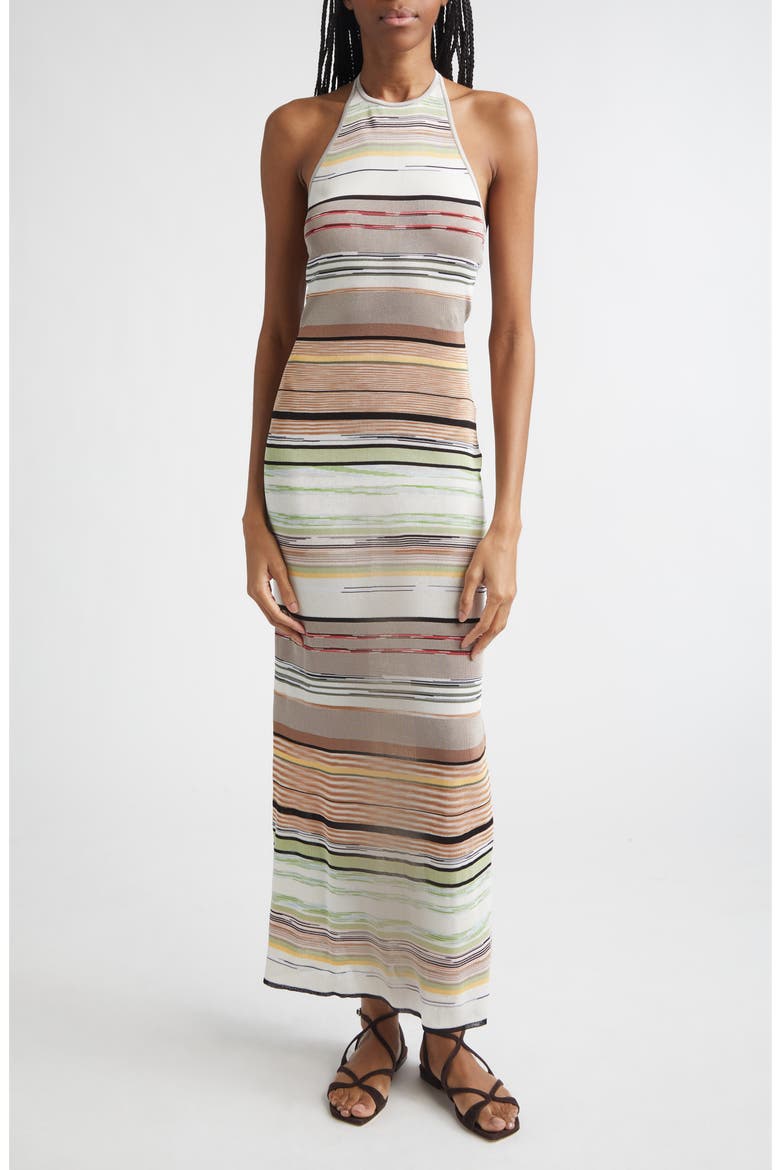 Flame Space Dye Stripe Knit Halter Neck Dress, Main, color, GREEN BROWN TONES