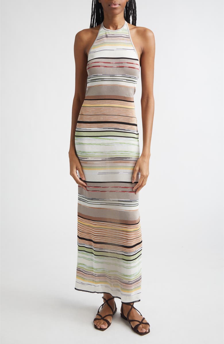 Missoni Flame Space Dye Stripe Knit Halter Neck Dress, Main, color, Green Brown Tones