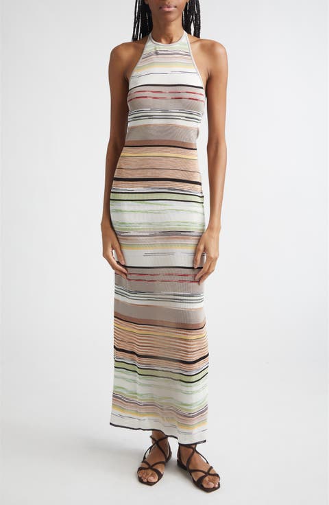 Flame Space Dye Stripe Knit Halter Neck Dress