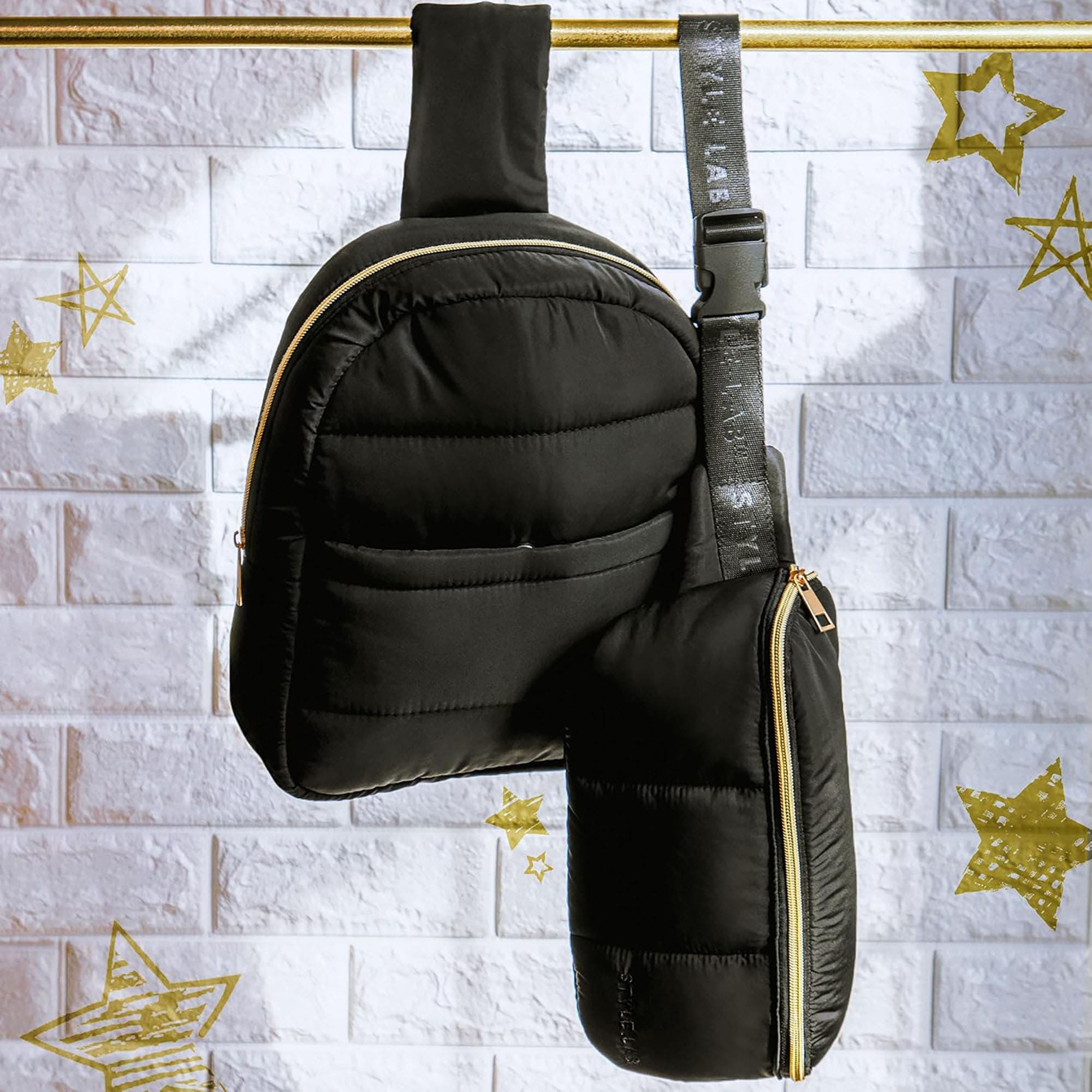 Style.Lab Fashion Angels Bekah Puffer Crossbody Backpack and Belt Bag Set, Alternate, color, Black
