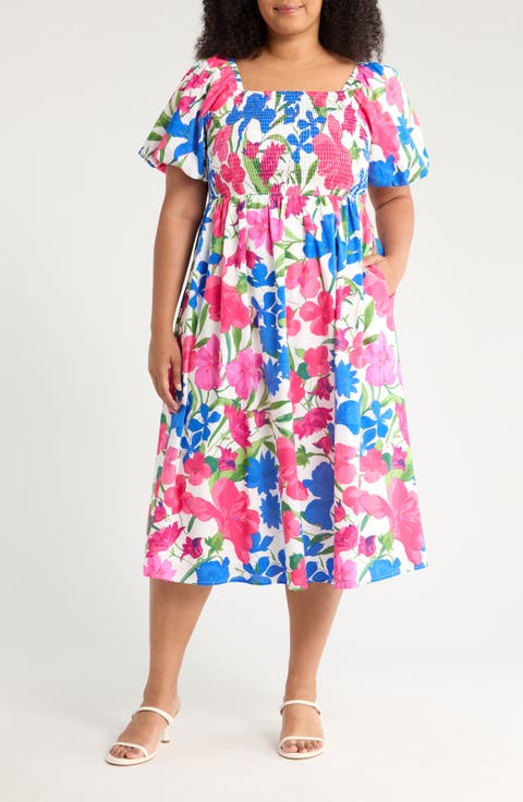 Liran Floral Maray Smocked Cotton Midi Dress (Plus)