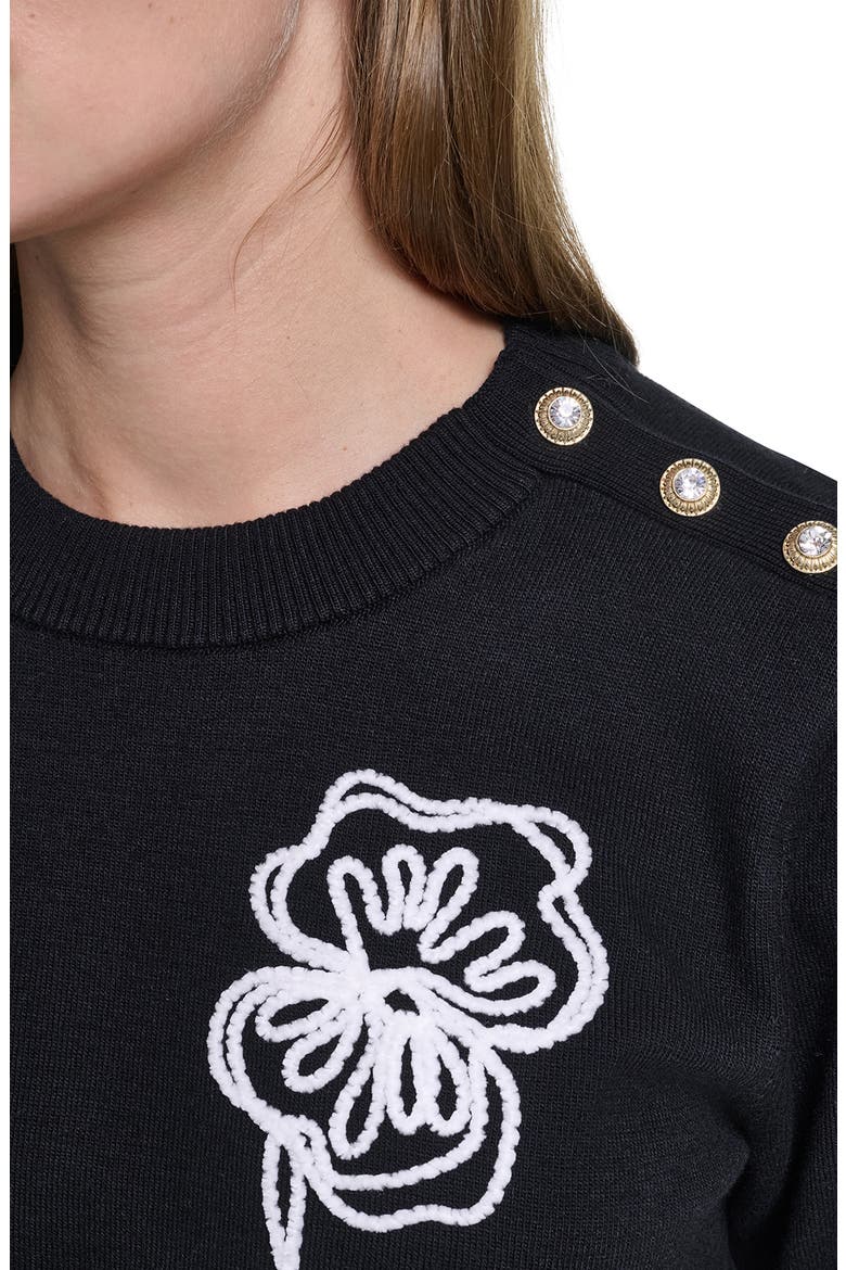 Floral Stitch Short Sleeve Cotton Blend Sweater, Alternate, color, BLACK/ SOFT WHITE