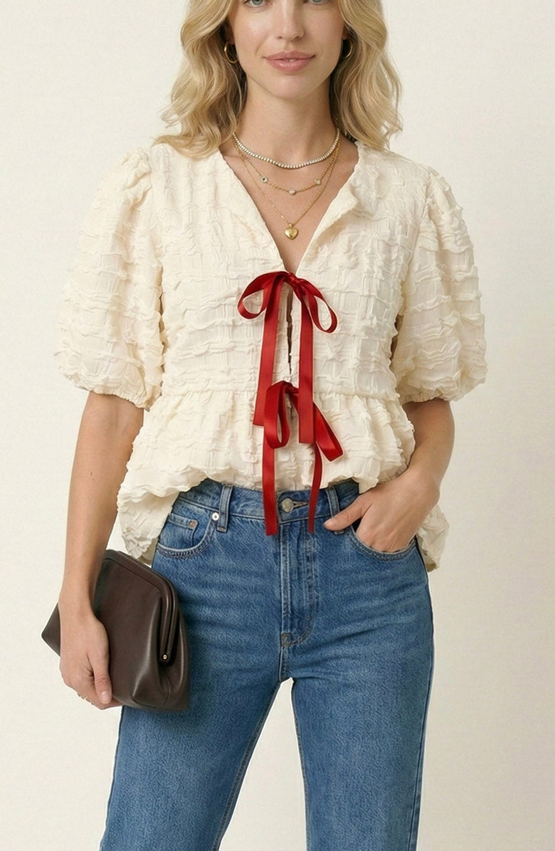 Modenaire Textured Puff Sleeve Peplum Blouse, Main, color, Off-White / Cream