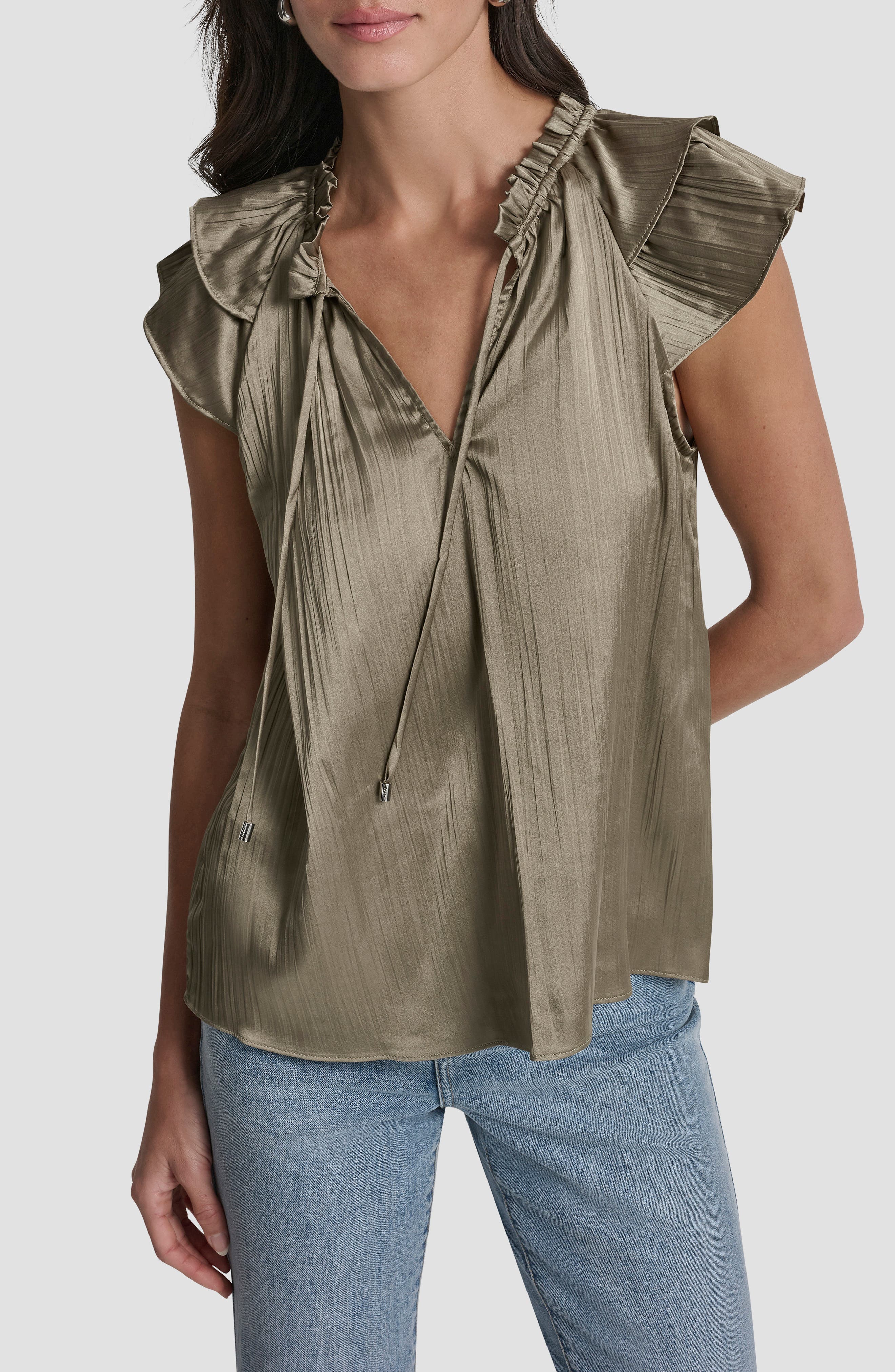 Pleated Tie Front Satin Top