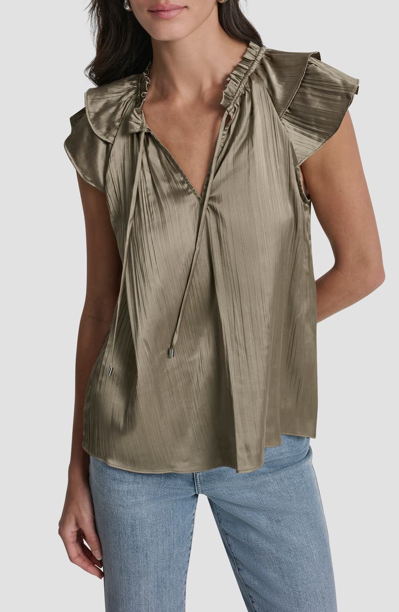 DKNY Pleated Tie Front Satin Top, Main, color, Light Fatigue