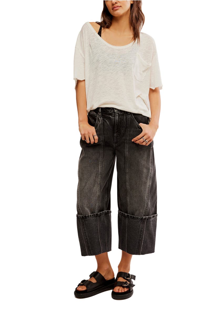 Free People Olsen Distressed Cuffed Crop Barrel Leg Jeans, Alternate, color, 