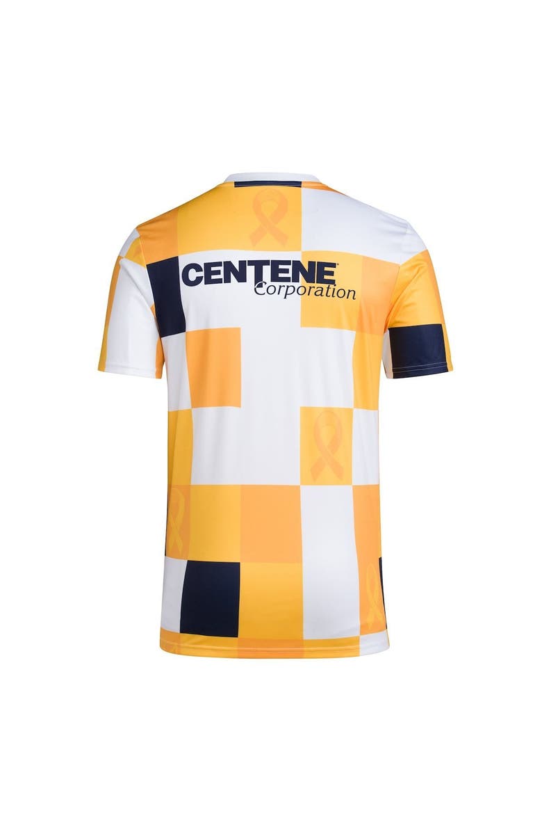 adidas Men's adidas White/Gold Charlotte FC 2022 MLS Works Kick Childhood Cancer AEROREADY Pre-Match Top, Alternate, color,