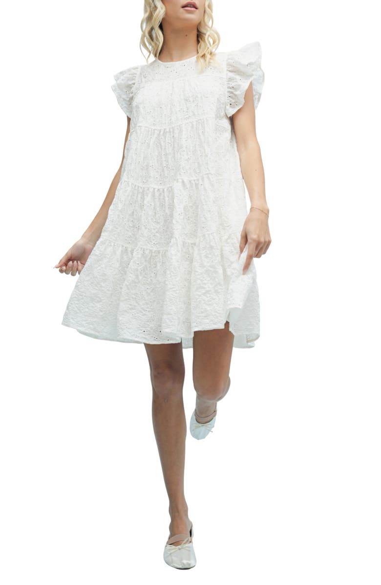 WISHLIST Embroidered Eyelet Ruffle Cap Sleeve Babydoll Minidress, Main, color, Off White