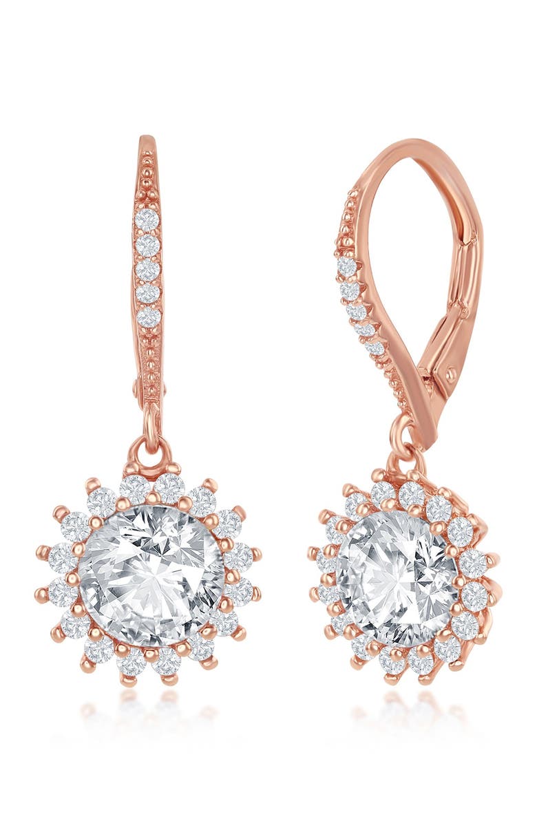 SIMONA 14K Rose Gold Plated Round-Cut CZ Halo Flower Drop Earrings, Main, color,