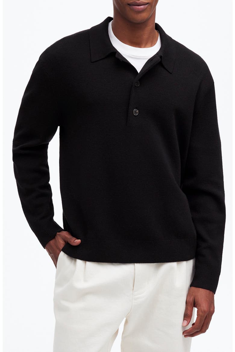 Three-Button Merino Wool Polo Sweater, Main, color, TRUE BLACK