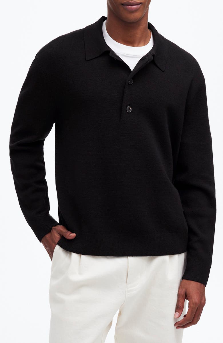 Madewell Three-Button Merino Wool Polo Sweater, Main, color, True Black