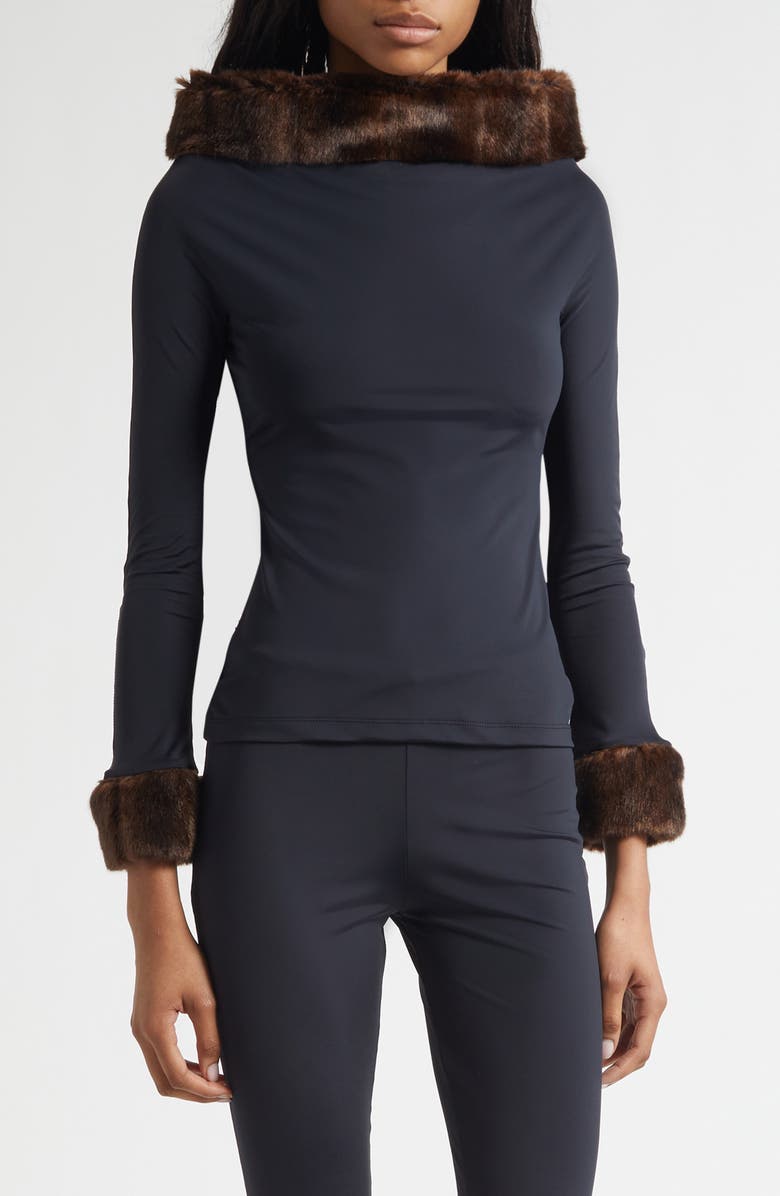 CONNER IVES Faux Mink Trim Stretch Knit Top, Main, color, Black