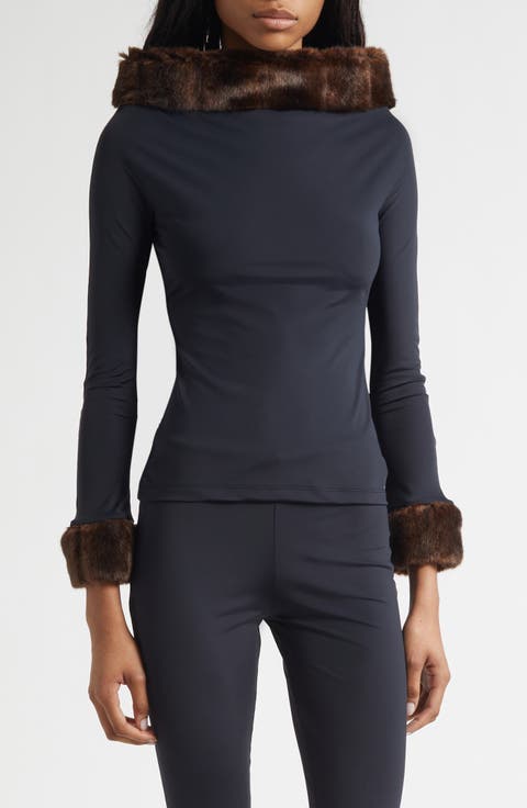 Faux Mink Trim Stretch Knit Top