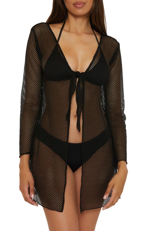 Tie Front Long Sleeve Sheer Mesh Cover-Up