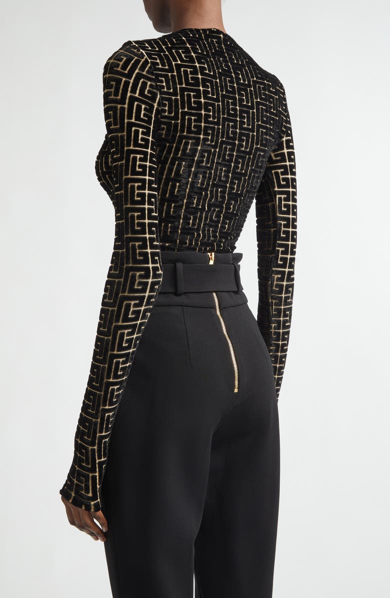 Balmain Monogram Jacquard Devoré Velvet Top, Alternate, color, Ead Black/ Gold
