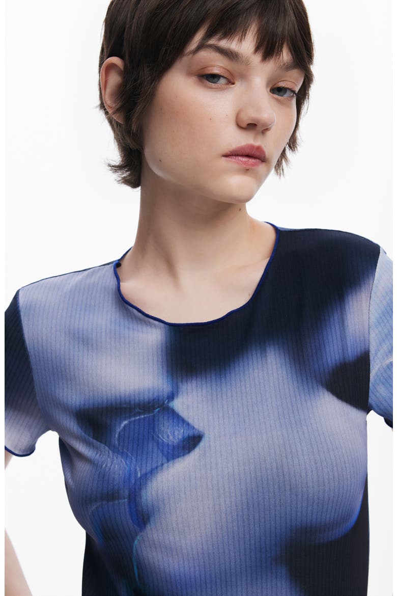 Abstract Floral Rib Top, Alternate, color, BLUE