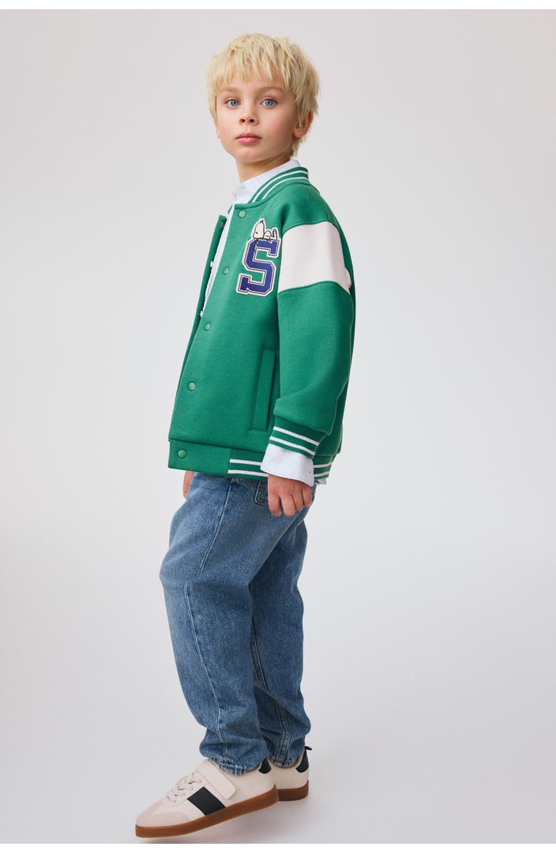 H&M Sweatshirt Baseball Jacket, Main, color, Green/Snoopy