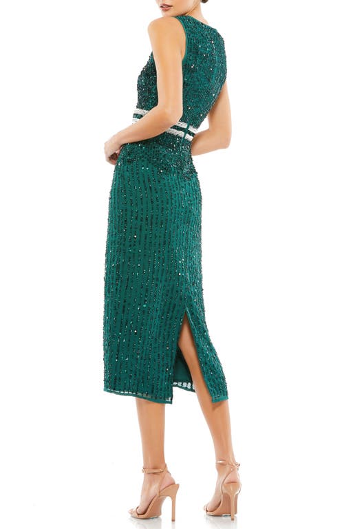 Mac Duggal Sleeveless High Neck Beaded Midi Sheath Dress In Deep Emerald
