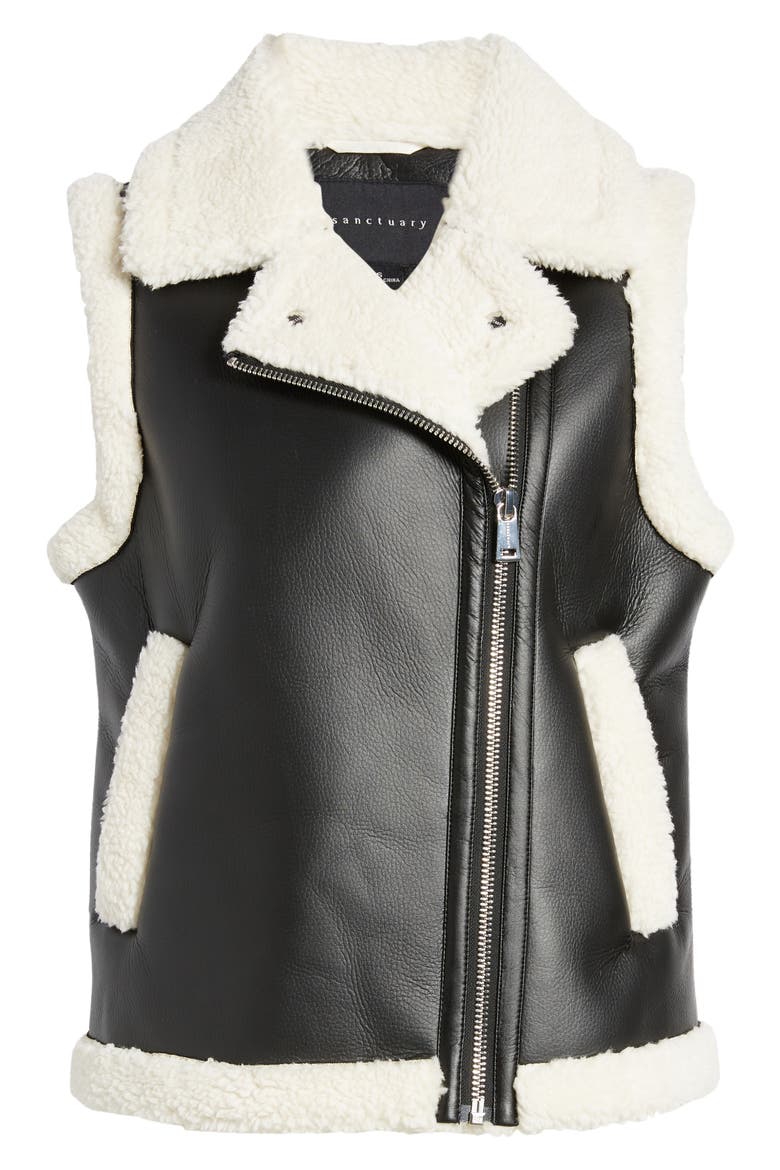 Bonded Faux Leather & Faux Shearling Vest, Alternate, color, BLACK CREAM
