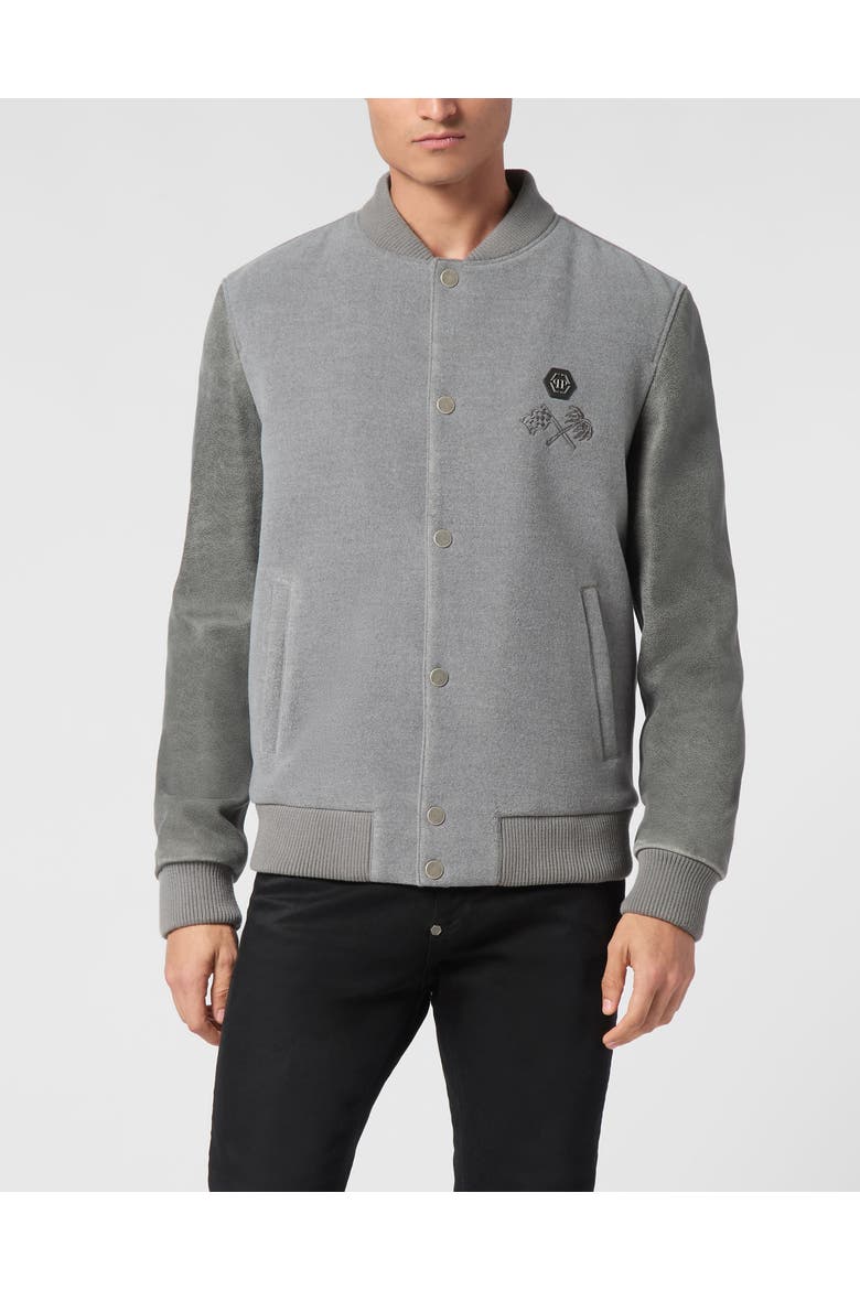 College Bomber Jacket Ls Plein Club Men, Main, color, grey
